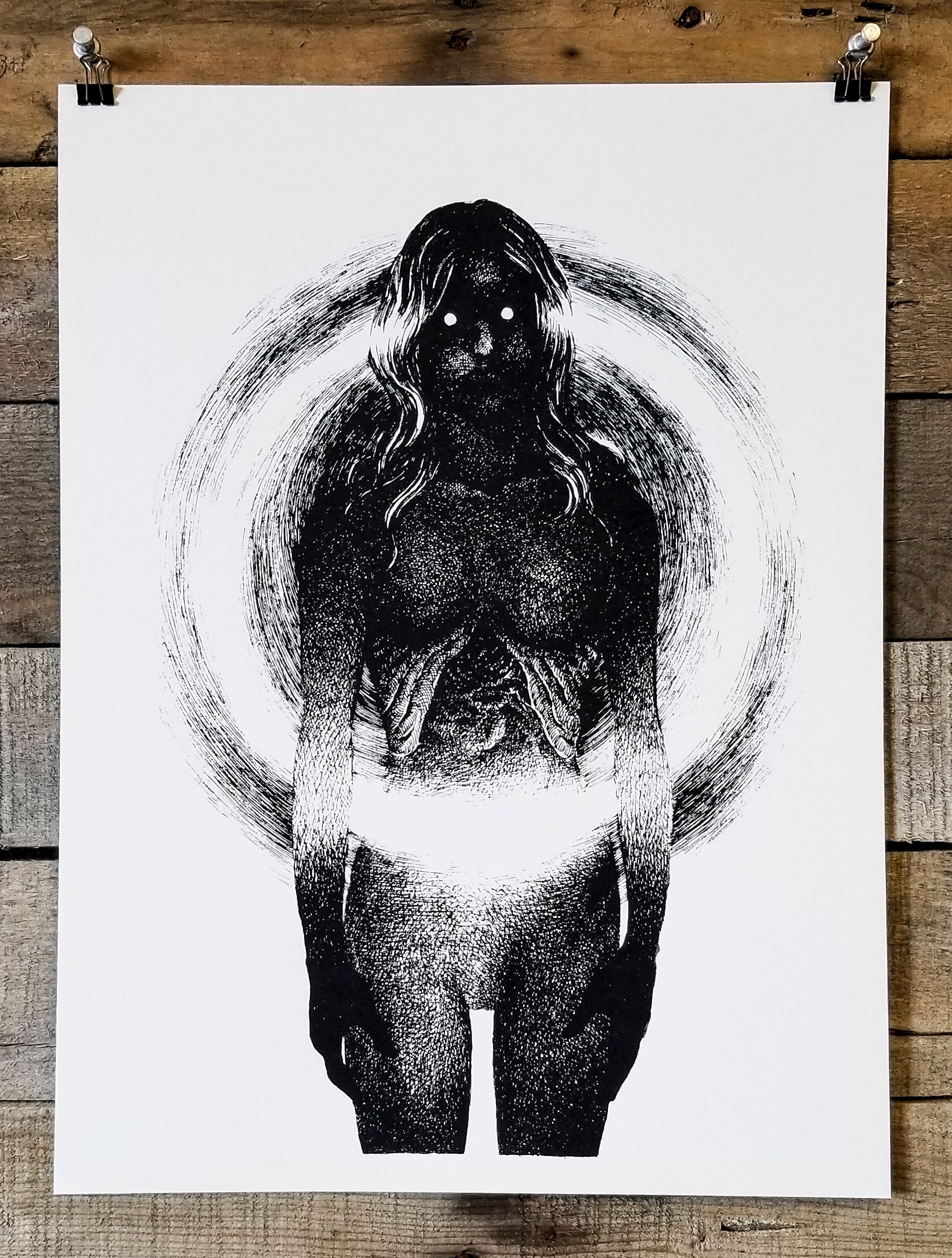 Black &amp; White screen print by Brandon Stewart of a creepy woman with her chest cavity exposed