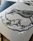 Screen printed greeting card of a raven and the moon by Nicole Thompson aka Nicole Gress