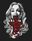 Black and white portrait of woman with red intestines emerging from her mouth by Brandon Stewart on a black background