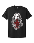 Black and white portrait of woman with red intestines emerging from her mouth by Brandon Stewart, printed on a black short sleeve t- shirt.