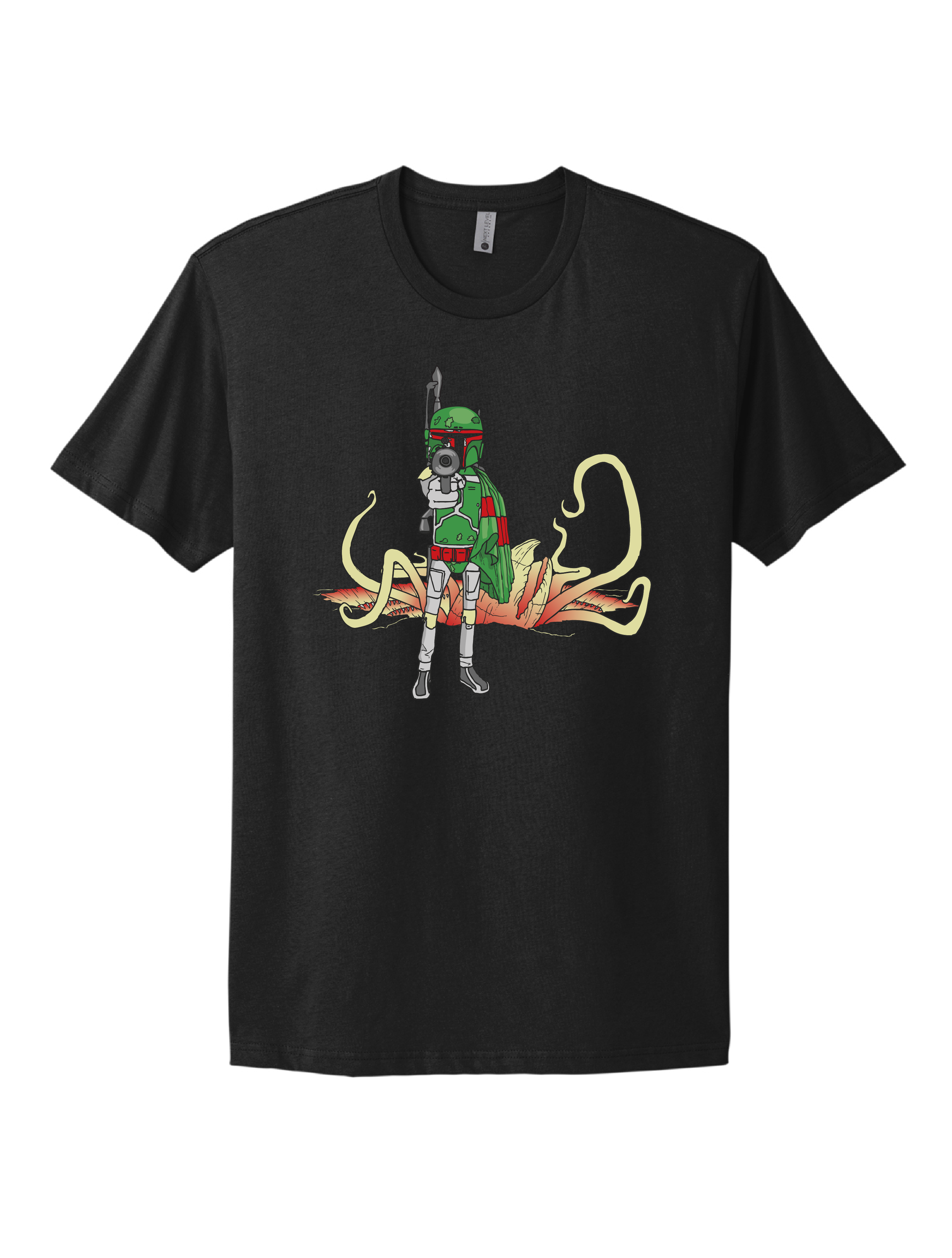 Boba Fett with blaster stands in front of Pit of Carkoon, printed with red and green garb with grey armor. Sarlacc head and tentacles visible, printed in yellow to orange gradient. On black short sleeve tee shirt.