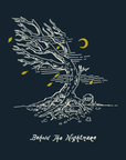 Image of wind blown tree bent with exposed roots, lines are present to indicate wind, a small gravestone is to the side and “Behold the Nightmare” is below in white ink. Yellow leaves and a yellow crescent moon are also present. On navy blue background