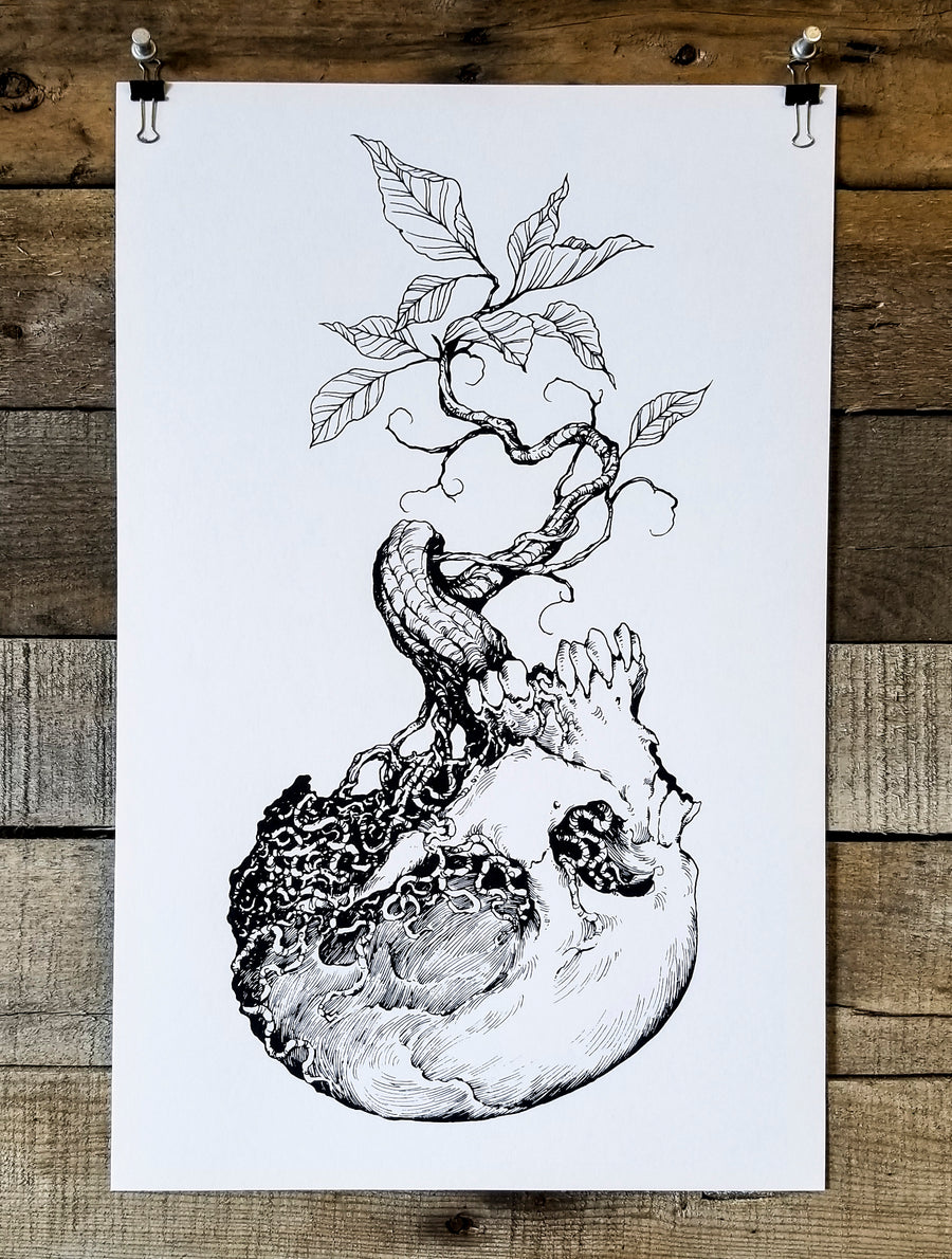 Black & White screen print by Brandon Stewart of a plant growing out of a skull
