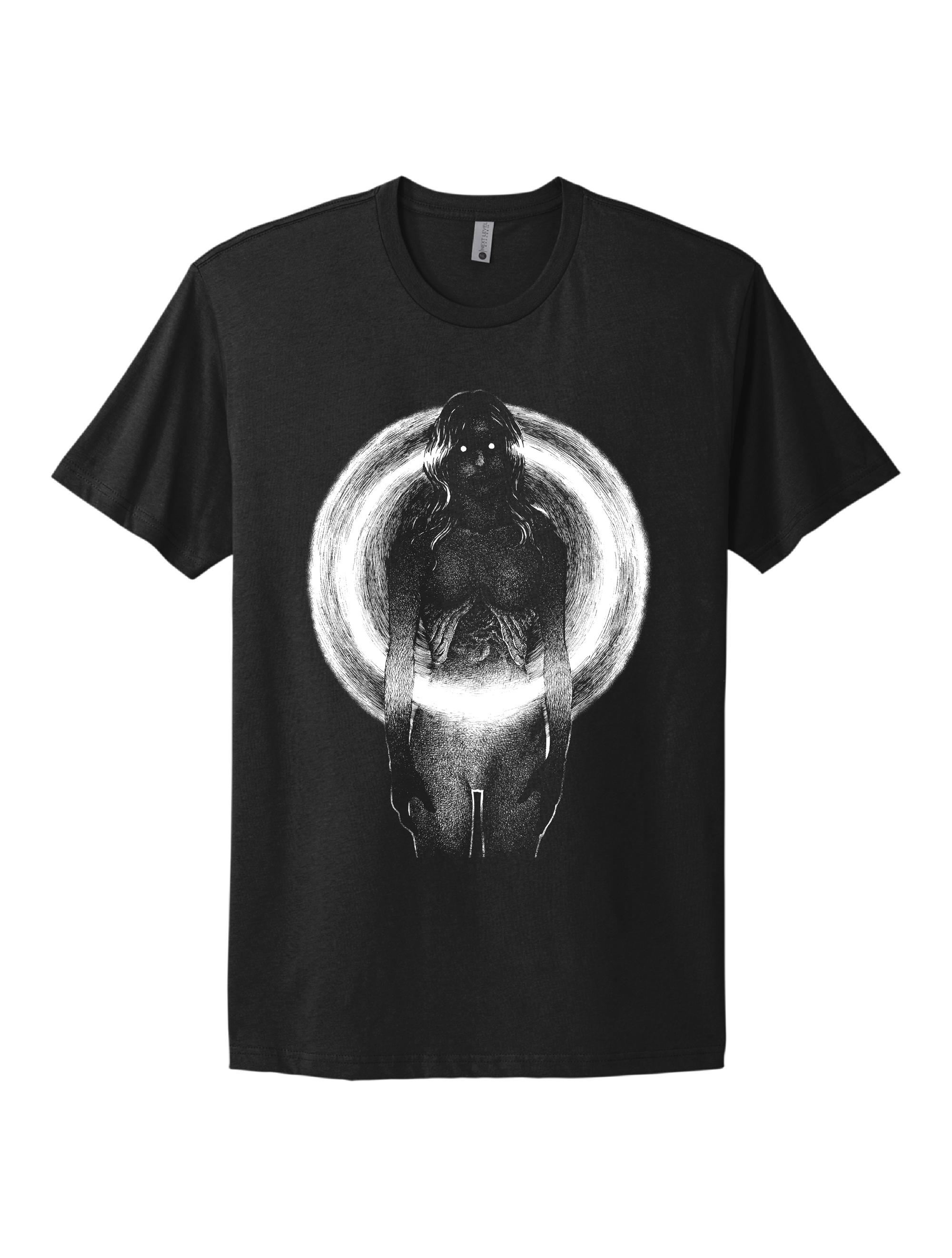 Black & White image by Brandon Stewart of a creepy woman with her chest cavity exposed on a black short sleeve t-shirt
