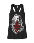 Black and white portrait of woman with red intestines emerging from her mouth by Brandon Stewart, printed on a black racerback tank shirt.