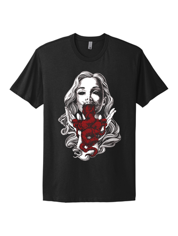 Black and white portrait of woman with red intestines emerging from her mouth by Brandon Stewart, printed on a black short sleeve t- shirt.