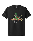 Boba Fett with blaster stands in front of Pit of Carkoon, printed with red and green garb with grey armor. Sarlacc head and tentacles visible, printed in yellow to orange gradient. On black short sleeve tee shirt.