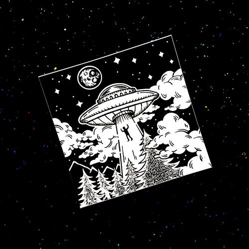 Screen printed image of person being pulled into a flying saucer at night amongst trees and mountains. White image on black vinyl sticker. Art by Print Ritual.