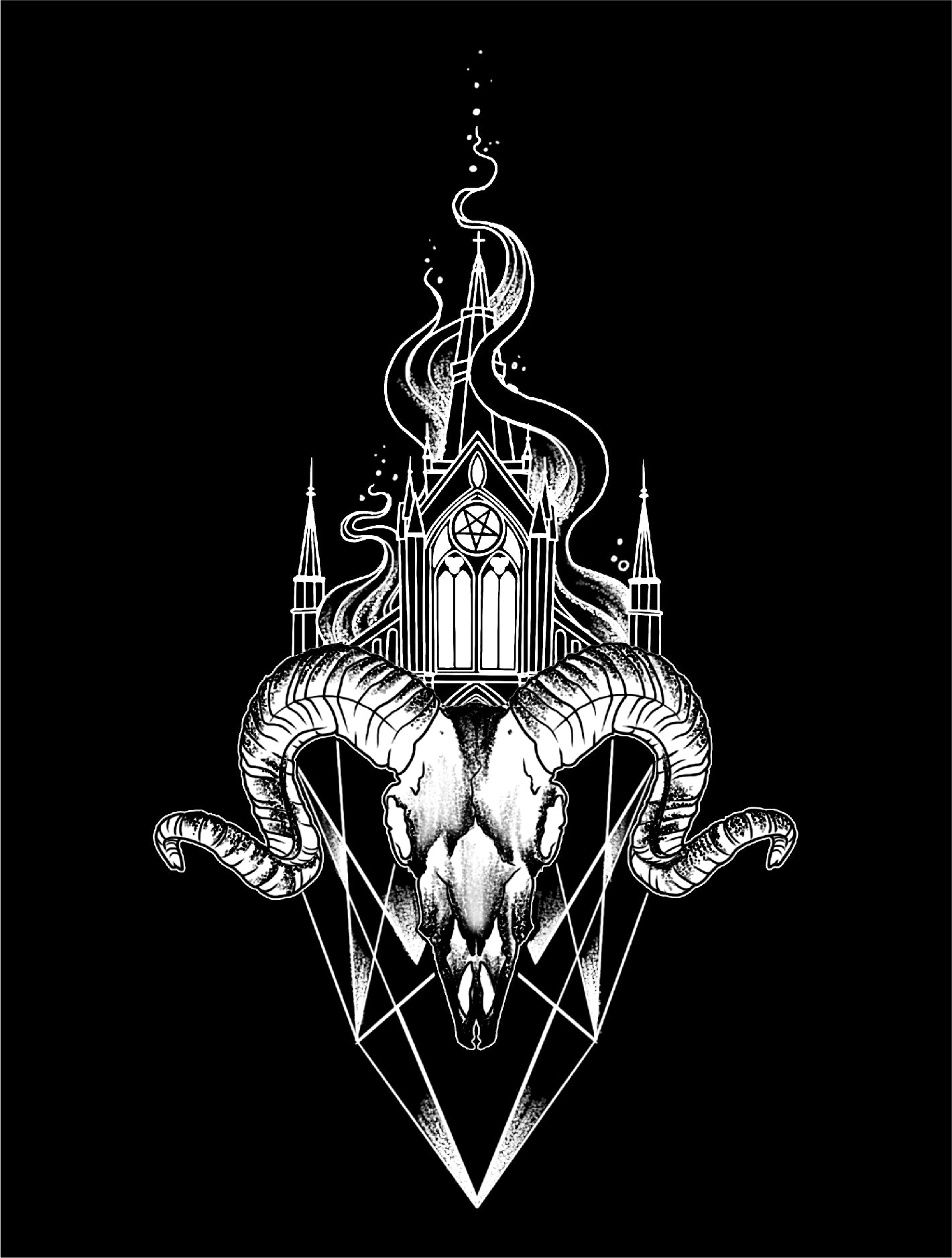 Image of ram skull below solemn building but above a crystal, in white on a black background. Art by Stephanie Johnson. 
