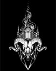 Image of ram skull below solemn building but above a crystal, in white on a black background. Art by Stephanie Johnson. 