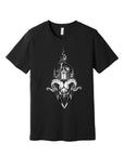 Image of ram skull below solemn building but above a crystal, in white ink on a black shirt. Art by Stephanie Johnson. 